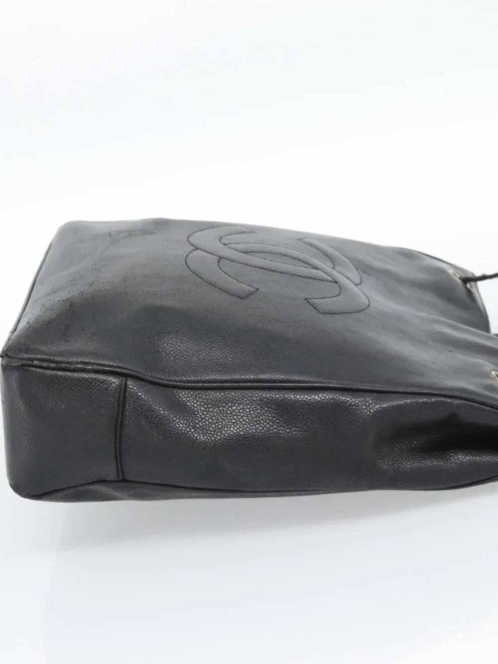 CHANEL COCO Mark Tote Bag Grained Calf Skin Black Gold CC Auth bs20388